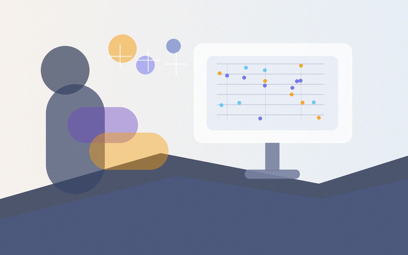 Escena abstracta de una persona trabajando con un sistema de apoyo operativo